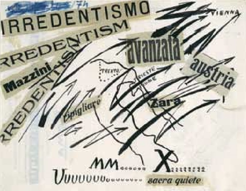 Filippo Tommaso Marinetti: Irredentismo, 1914 kollázs, vegyes technika, 21,8x27,8 cm Lugánó, magángyűjtemény